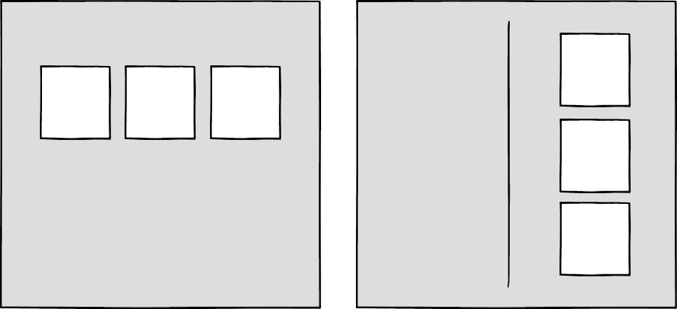Wireframes showing different configurations of boxes at different sizes